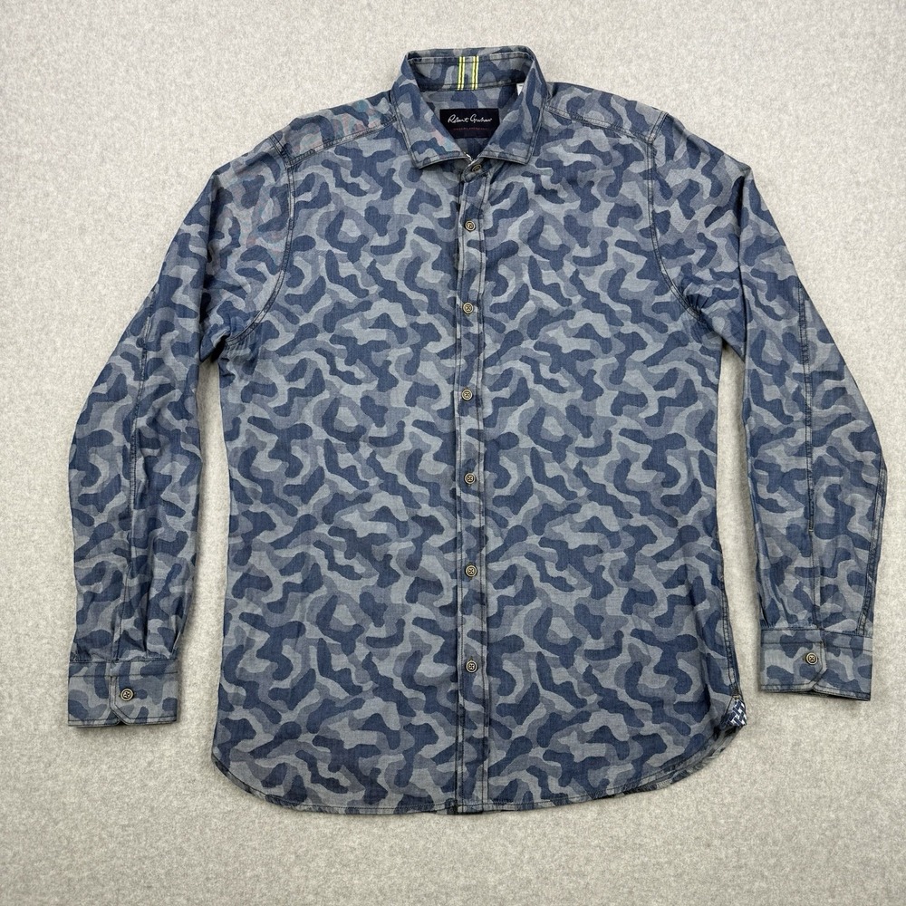 Robert Graham Shirt Mens‎ Large Blue Camo Modern Americana Button Up Long Sleeve